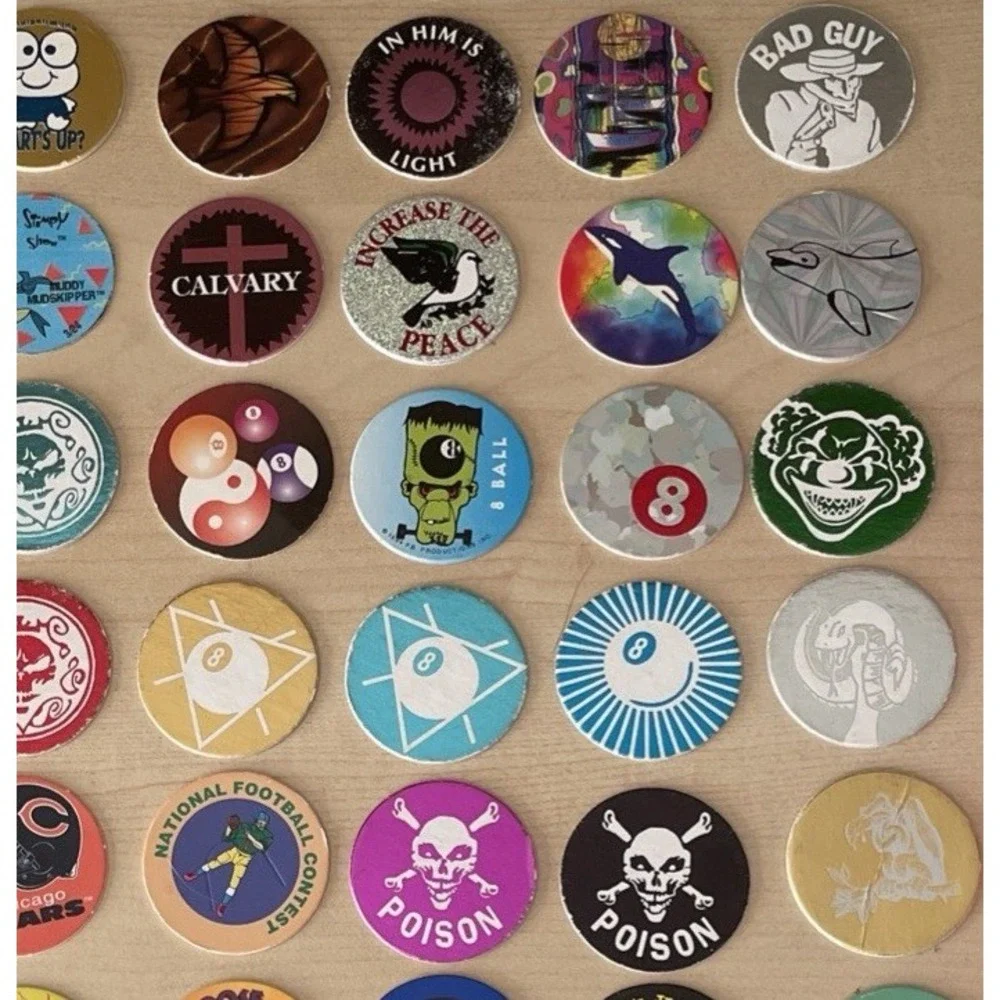 Random Mixed LOT Of 62 POGS‎ MILK CAPS + tube 90s Skull 8 Ball REN & Stimpy Art